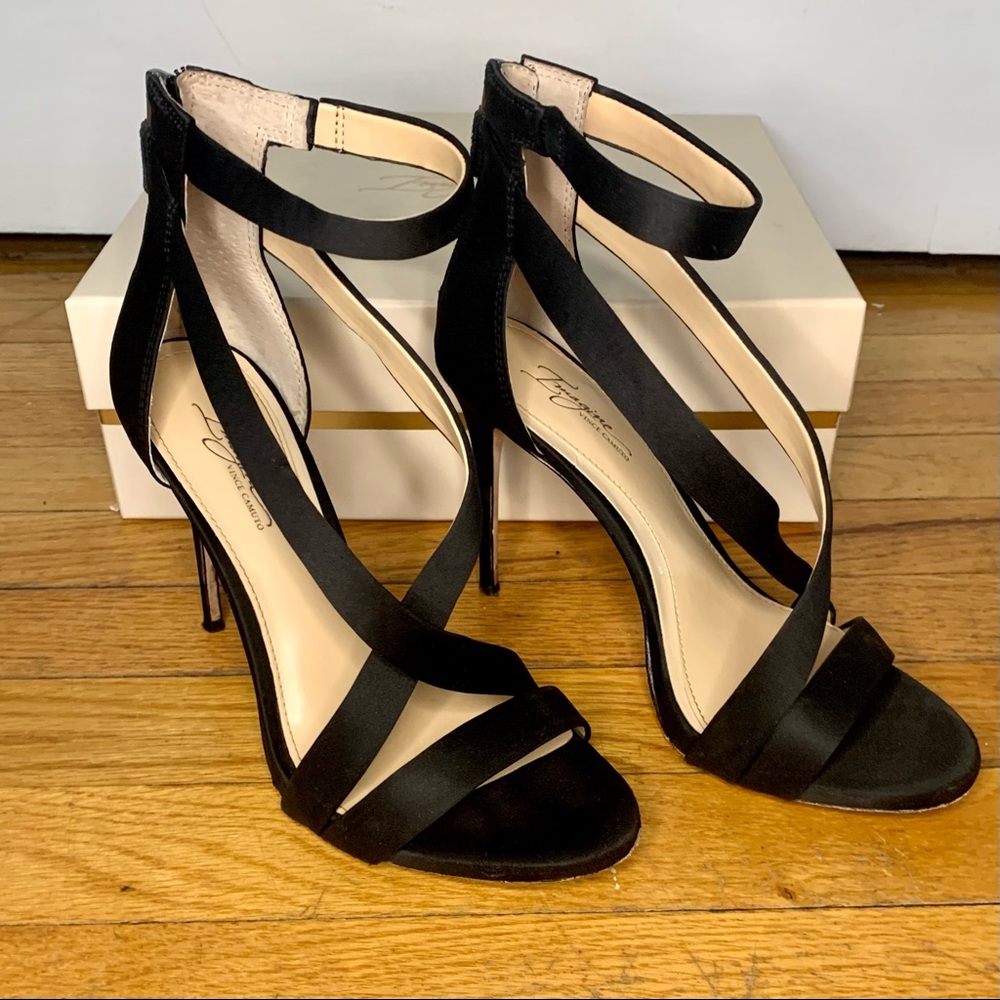 Imagine Vince Camuto Black Satin Strappy Stilettos